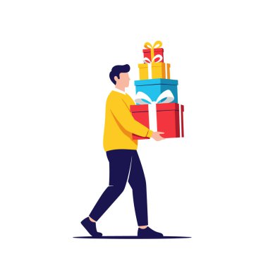 Sarı kazaklı ve siyah pantolonlu bir adam özel bir kutlama ya da tatil için renkli hediye kutuları taşıyor..