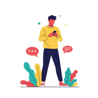 Genç adam ayakta duruyor ve akıllı telefonunu çeşitli konuşma ve sohbet baloncukları ile mesajlaşmak için kullanıyor..