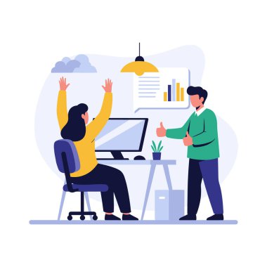 Ofiste büyük bir başarıyı kutlayan bir iş adamı ve masasında tezahürat yapan bir kadın..