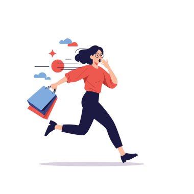 Gözlüklü, hızlı koşan ve dinamik ve soyut bir geçmişe karşı elinde birkaç alışveriş torbası tutan şaşırmış genç bir kadın..