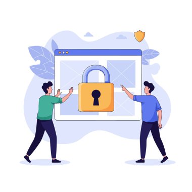 Web tarayıcı arayüzü ekranındaki büyük altın asma kilit simgesini gösteren iki profesyonelin yer aldığı siber güvenlik kavramı.