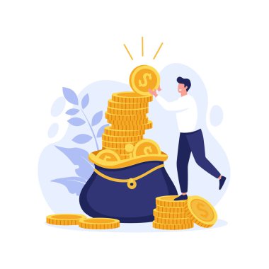 Başarılı bir iş adamı, birikimlerini ve servetini temsil eden para dolu çantanın içindeki dev yığına büyük miktarda altın para ekliyor..