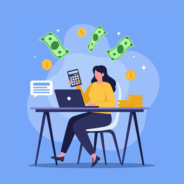 Финансовый эксперт сидит за столом с ноутбуком и калькулятором, в то время как деньги и монеты плавают в воздухе вокруг нее.