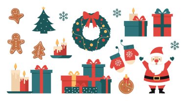 Noel Baba 'yla tatil koleksiyonu, süslü Noel ağacı, şenlikli çelenk, mumlar ve kış kutlaması için renkli hediye kutuları..