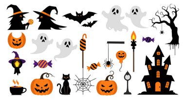 Cadılar Bayramı silueti ikonlarında cadılar, hayaletler, ürkütücü ağaçlar, perili bir kale, balkabağı fenerleri ve şenlikli süslemeler için yarasalar var..