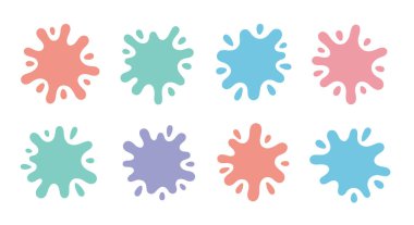 Renkli pastel boya sıçramaları ve sıvı sıçramaları temiz beyaz arka plan boşluğunda iki sıra halinde sıralanmış..