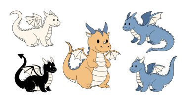 Beyaz, turuncu, mavi ve siyah gibi çeşitli parlak renklerde beş sevimli çizgi film ejderhası..