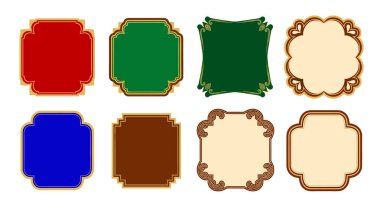 Kırmızı, yeşil, mavi ve kahverengi gibi çeşitli renklerde sekiz dekoratif vintage çerçeve ve etiketler seti.