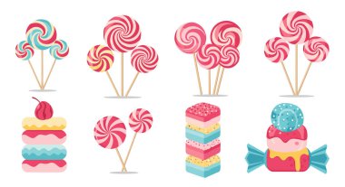 Renkli girdaplı lolipoplar ve şekerci dükkanları ve doğum günü kutlamaları için pembe ve mavi gözlüklü tatlı ikramları..