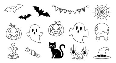 Cadılar Bayramı 'nda hayaletler, yarasalar, balkabakları, bir kedi ve bir cadı şapkasının yer aldığı simgeler..