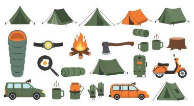 Kamp malzemeleri koleksiyonu. Çadırlar, uyku tulumları, kamp ateşi, baltalar, araçlar ve açık hava ekipmanları..