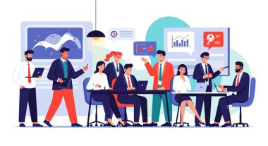 Veri tabloları, dizüstü bilgisayarlar ve sunum panolarıyla dolu modern bir çalışma alanında işbirliği yapan çeşitli iş adamları grubu.