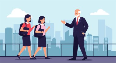 İki genç kız öğrenci okul üniforması giyip, sırt çantaları taşıyorlar ve seçkin bir iş adamıyla konuşuyorlar..