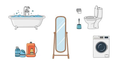 Ev banyosu ve çamaşır eşyaları koleksiyonu. İçinde köpüklerle dolu bir küvet, yer aynası, tuvalet ve çamaşır makinesi de var..