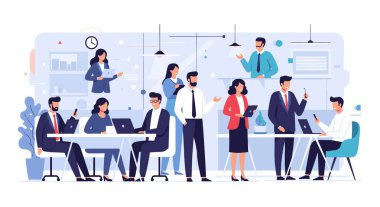 Bilgisayarlar, toplantılar ve veri sunumlarıyla yoğun bir açık-plan çalışma alanında işbirliği yapan büyük bir grup profesyonel ofis çalışanı.