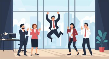 İş adamları şaşkınlık ve şok edici ifadelerle izlerken, bir işadamının sevinçten havaya sıçraması ofisi heyecanlandırıyor..