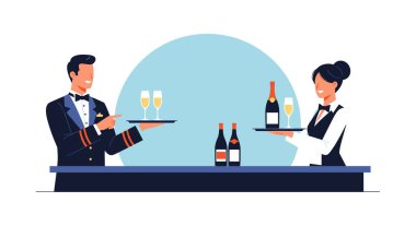 Profesyonel erkek ve kadın garsonlar barın arkasında ellerinde şampanya kadehleri ve şarap şişeleriyle misafirler için bekliyor..