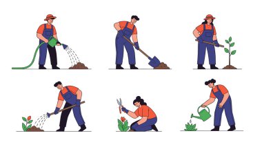 İnsanların bitkileri suladığı, kürekle kazdığı ve sağlıklı bir bahçeye fidanlar ektiği detaylı bahçe faaliyetleri..