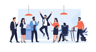 Bir grup neşeli ofis çalışanı başarılı bir projeyi kutlarken bir adam heyecanla havada zıplıyor..