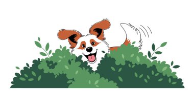 Mutlu kahverengi ve beyaz köpek başını yemyeşil bir bahçe çitinin üzerinden neşeyle sallıyor..