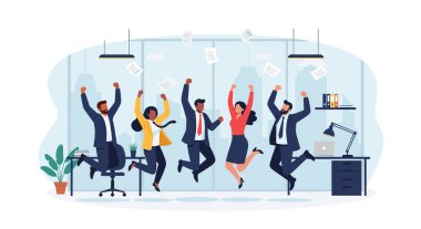 Çeşitli iş adamları modern bir ofiste sevinçten havalara uçarken gazeteler de başarılı bir başarıyı kutlamak için havada uçuşuyor..