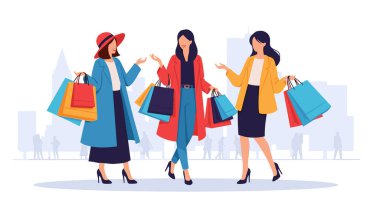 Bir sürü renkli alışveriş çantası taşıyan üç şık kadın yan yana durur ve bulanık şehir arka planına karşı düz bir vektör tarzında sohbet ederler..