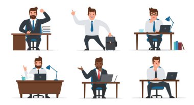 Ofis durumlarında çalışan profesyonel iş adamları. Masa başında oturup evrak çantası taşımak da dahil..