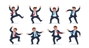 Takım elbiseli neşeli iş adamı farklı pozlar ve hareketlerle başarıyı kutluyor..