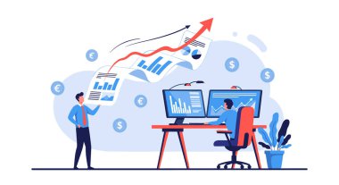 Modern bir ofiste finansal büyüme grafiklerini ve bilgisayar monitörlerindeki verileri analiz eden başarılı işadamları.