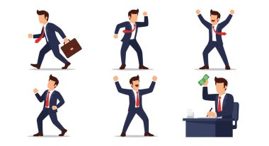 Takım elbiseli profesyonel iş adamı birden fazla aktif pozda resmedilmiş. Koşu, atlama ve kutlama gibi..