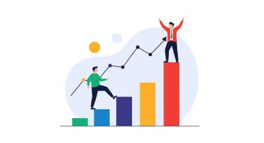 İş büyümesini ve başarıyı temsil eden büyük renkli bir çubuk grafiğine tırmanmak için birlikte çalışan iki kişi..