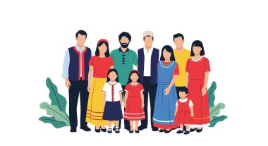 Farklı etnik kökenden ve kültürlerden geniş bir grup geleneksel ve modern giysiler içinde bir arada duruyorlar..