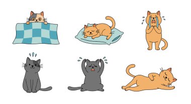 Farklı ruh hallerinde ve pozisyonlarda şirin çizgi film kedileri. Uyumak, ağlamak, oturmak ve saklanmak gibi..