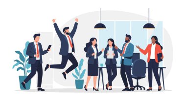 Çeşitli iş adamlarından oluşan bir ekip büyük bir başarıyı kutlarken, diğerleri modern bir ofiste tezahürat yaparken bir adam sevinçten havalara uçuyor..