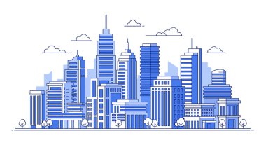 Modern şehir gökdelenleri ve ofis binaları düz çizgili sanat tarzında çeşitli mavi ve beyaz gökdelenler içeren gökyüzü çizimi.