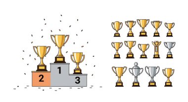 Altın kupalar ve spor yarışması ödülleri ve başarıları için çeşitli kupa ikonlarının koleksiyonuyla kazanan podyum.