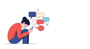 Depressed young woman crying while looking at negative messages on her phone with multiple colored speech bubbles around.