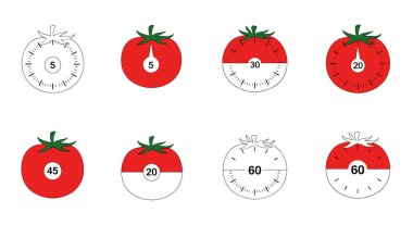 Farklı zaman aralıklarını gösteren domates şekilli mutfak zamanlayıcıları koleksiyonu. Beş, yirmi, otuz, kırk beş ve altmış dakika gibi..