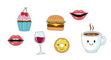 Beyaz arka planda hamburger, kek, çörek, kahve, şarap ve gülümseyen kırmızı dudaklar içeren eğlenceli etiketler..