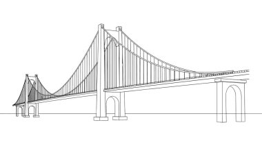 Büyük asma köprü yapısı, mimari karmaşıklığı ve mühendislik tasarımını gösteren detaylı bir siyah beyaz çizgi çizimi ile resmedilmiştir..