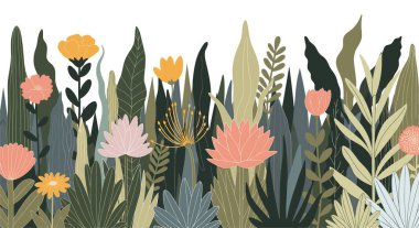 Çeşitli yeşil bitkilerden ve renkli çiçeklerden oluşan zarif, dikişsiz bir alan arka plan ve duvar kağıtları için verimli ve yoğun bir botanik desen oluşturur..