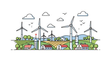 Yeşil enerji manzarasında rüzgar türbinleri çiftlikler ve mavi gökyüzünün altında sürdürülebilir ve çevre dostu kırsal gelişimi temsil eden küçük evler yer alıyor..
