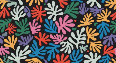 Tekstil ve duvar kâğıdı tasarımları için karanlık bir zemin üzerinde renkli ve soyut organik bitki şekillerinin sanatsal ve hareketsiz desenleri..