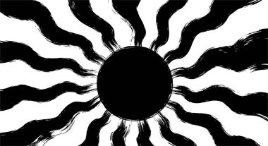 Sade beyaz bir arkaplan üzerinde dalgalı ışınlar saçan siyah güneş ikonu yüksek kontrastlı grafik tasarım elementi oluşturur.