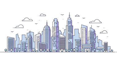 Kentsel mimari tasarım konsepti için gökdelenler ve bulutların yer aldığı ince mavi çizgi sanatı ile tasvir edilen modern şehir silüeti.
