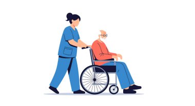 Mavi önlüklü kadın doktor, yaşlı bir adamı beyaz bir arka plana itiyor..