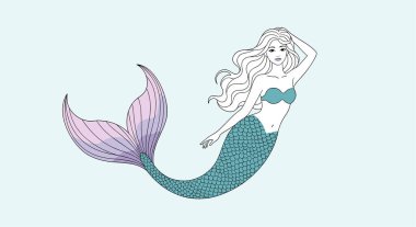 Uzun dalgalı saçları ve parlak deniz mavisi kuyruğu olan güzel deniz kızı, açık mavi bir arka planda zarif bir şekilde resmedilir..