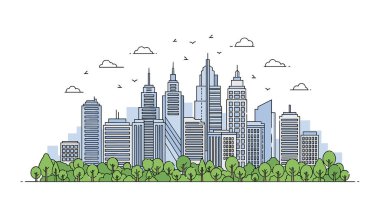 Gökdelenleri sayısız gökdelenlere sahip modern şehir gökyüzü kuşları ve bulutlarla dolu bir gökyüzünün altında yemyeşil bir sıra ağaçların arkasından görülüyor..