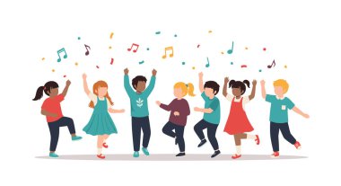 Müzik notaları ve konfetiler havada süzülürken, bir grup mutlu ve çeşitli çocuk birlikte dans edip kutlama yapıyorlar..