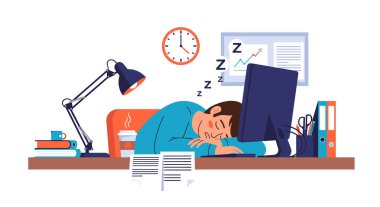 Yorgun bir ofis çalışanı bilgisayar monitörü ve düz vektör tarzında kitaplarla çalışma masasında uyuyor..